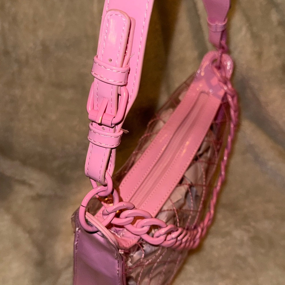 Steve Madden Clear Bubble Gum Pink Quilted Shoulder Crossbody Bag Matching Chain - Picture 13 of 16